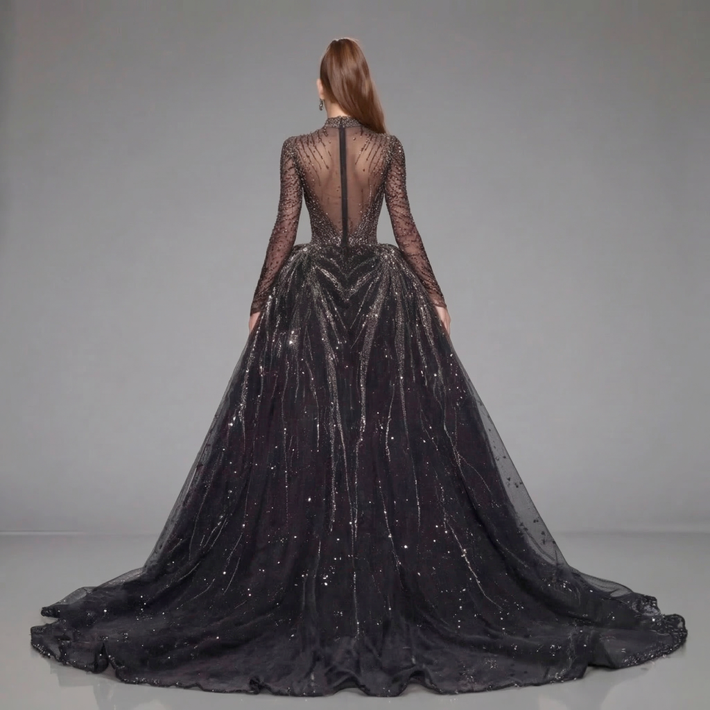 Black Glitter Long Sleeve Ball Gown with High Neck, Sheer Illusion Bodice, High Slit and Cathedral Train