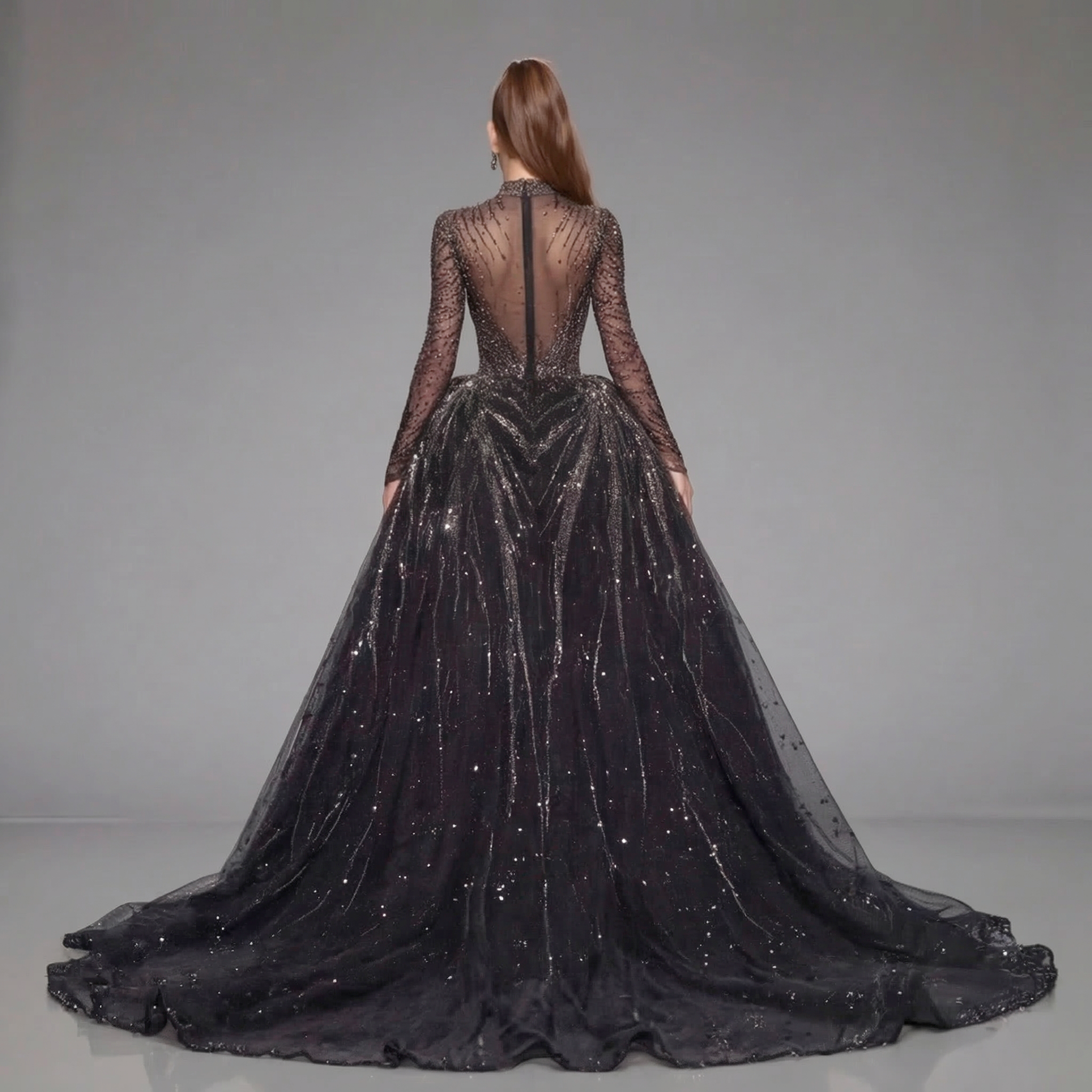 Black Glitter Long Sleeve Ball Gown with High Neck, Sheer Illusion Bodice, High Slit and Cathedral Train