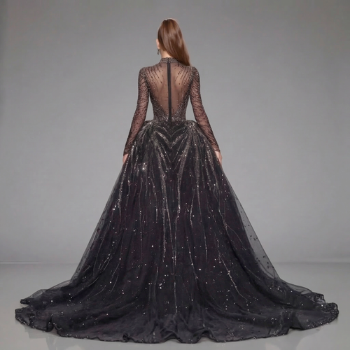 Black Glitter Long Sleeve Ball Gown with High Neck, Sheer Illusion Bodice, High Slit and Cathedral Train