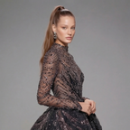 Black Glitter Long Sleeve Ball Gown with High Neck, Sheer Illusion Bodice, High Slit and Cathedral Train