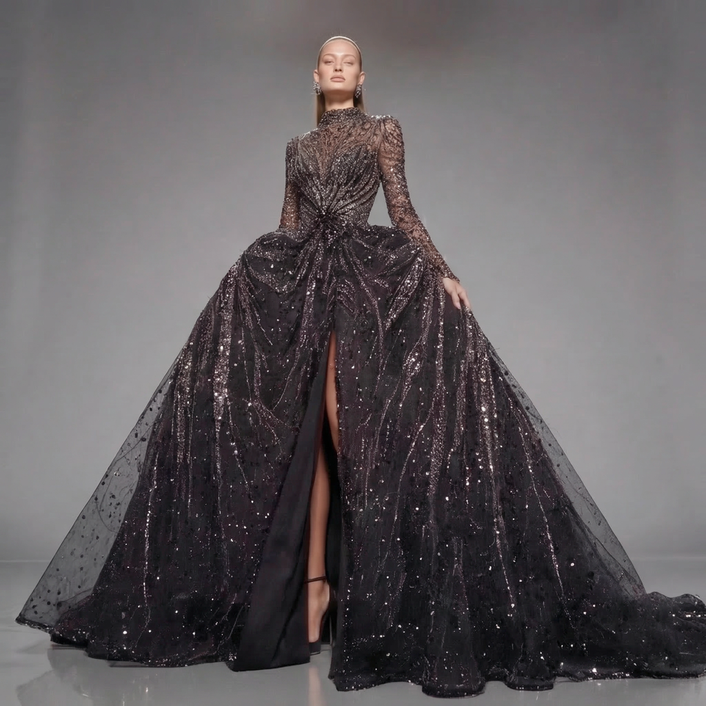 Black Glitter Long Sleeve Ball Gown with High Neck, Sheer Illusion Bodice, High Slit and Cathedral Train