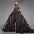 Black Glitter Long Sleeve Ball Gown with High Neck, Sheer Illusion Bodice, High Slit and Cathedral Train