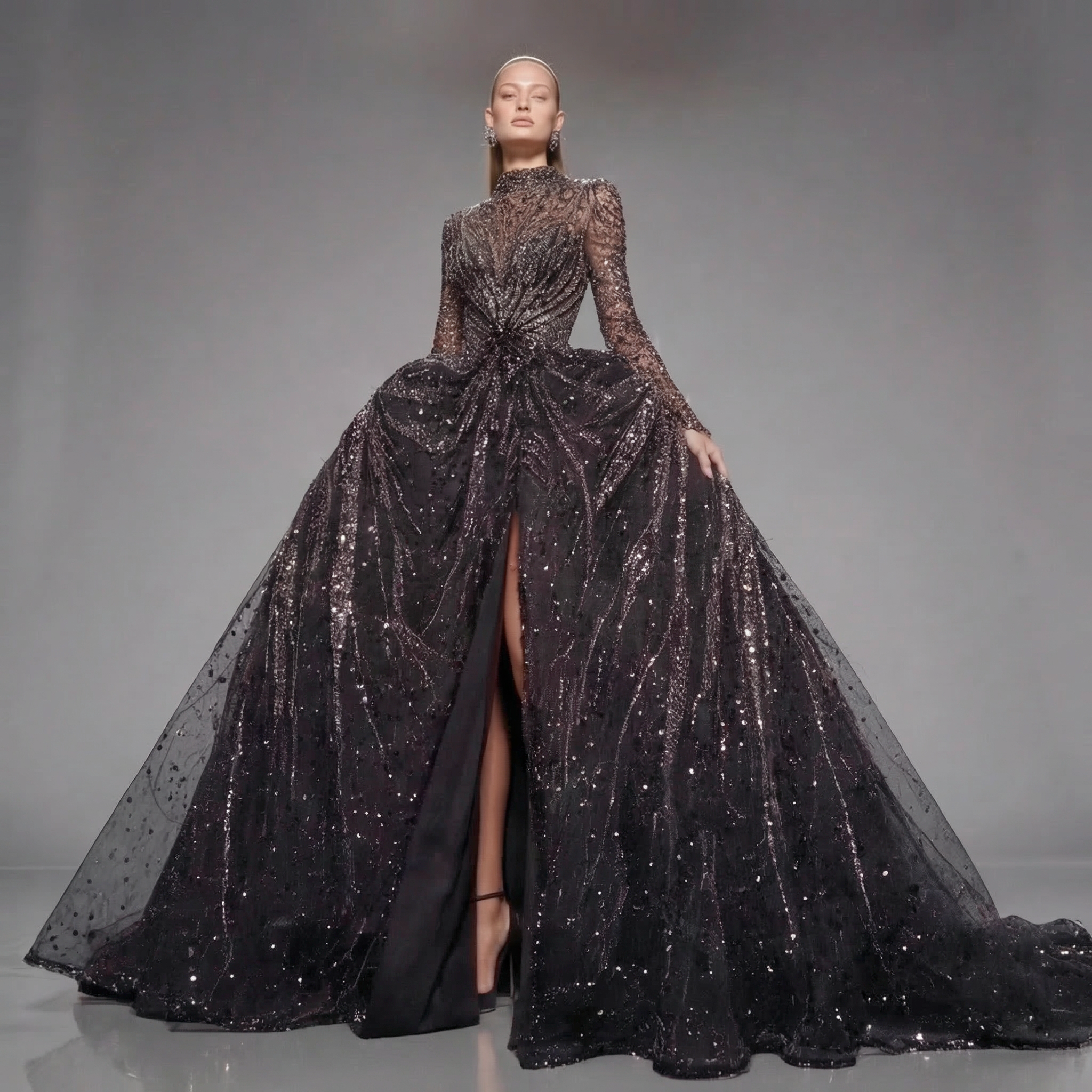Black Glitter Long Sleeve Ball Gown with High Neck, Sheer Illusion Bodice, High Slit and Cathedral Train
