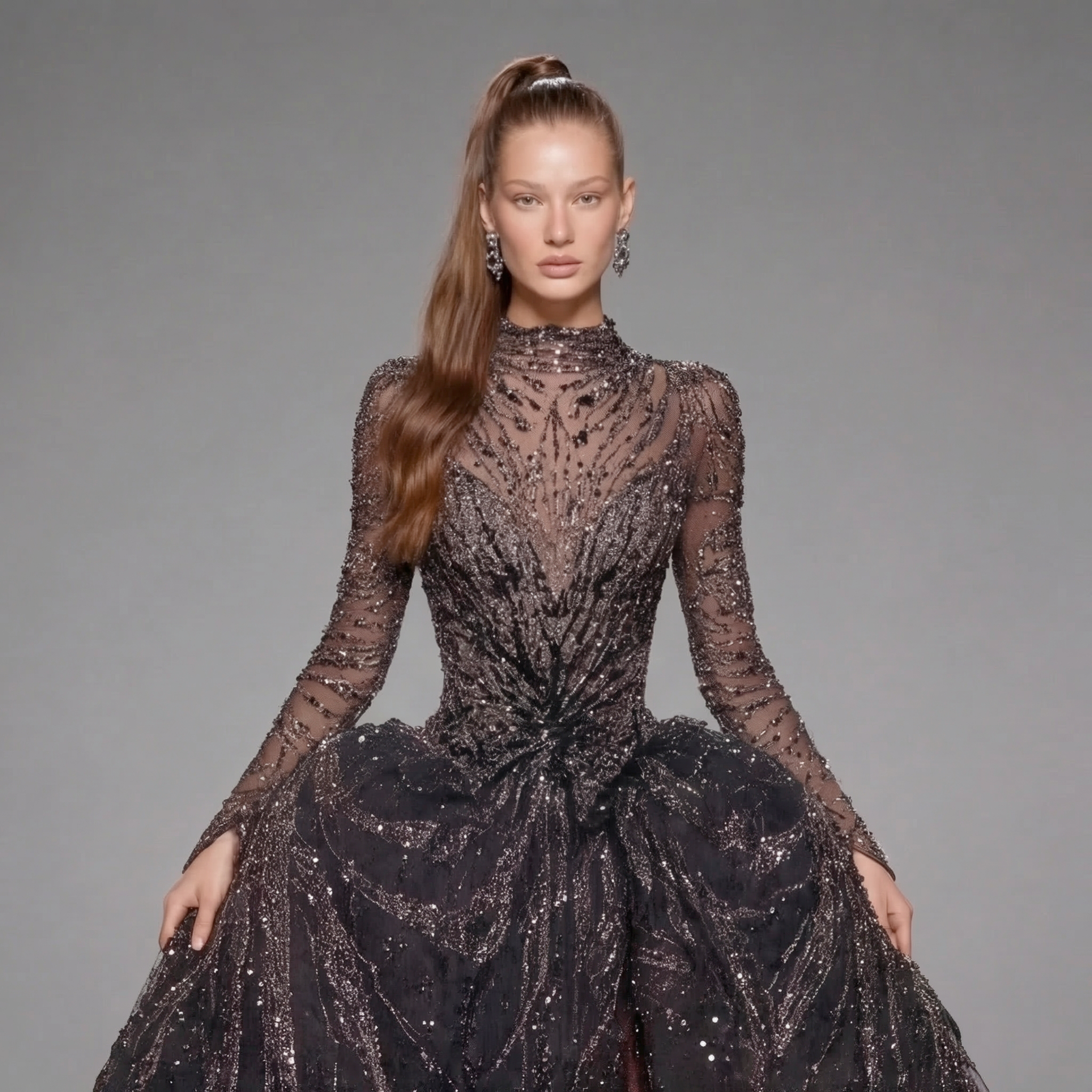 Black Glitter Long Sleeve Ball Gown with High Neck, Sheer Illusion Bodice, High Slit and Cathedral Train