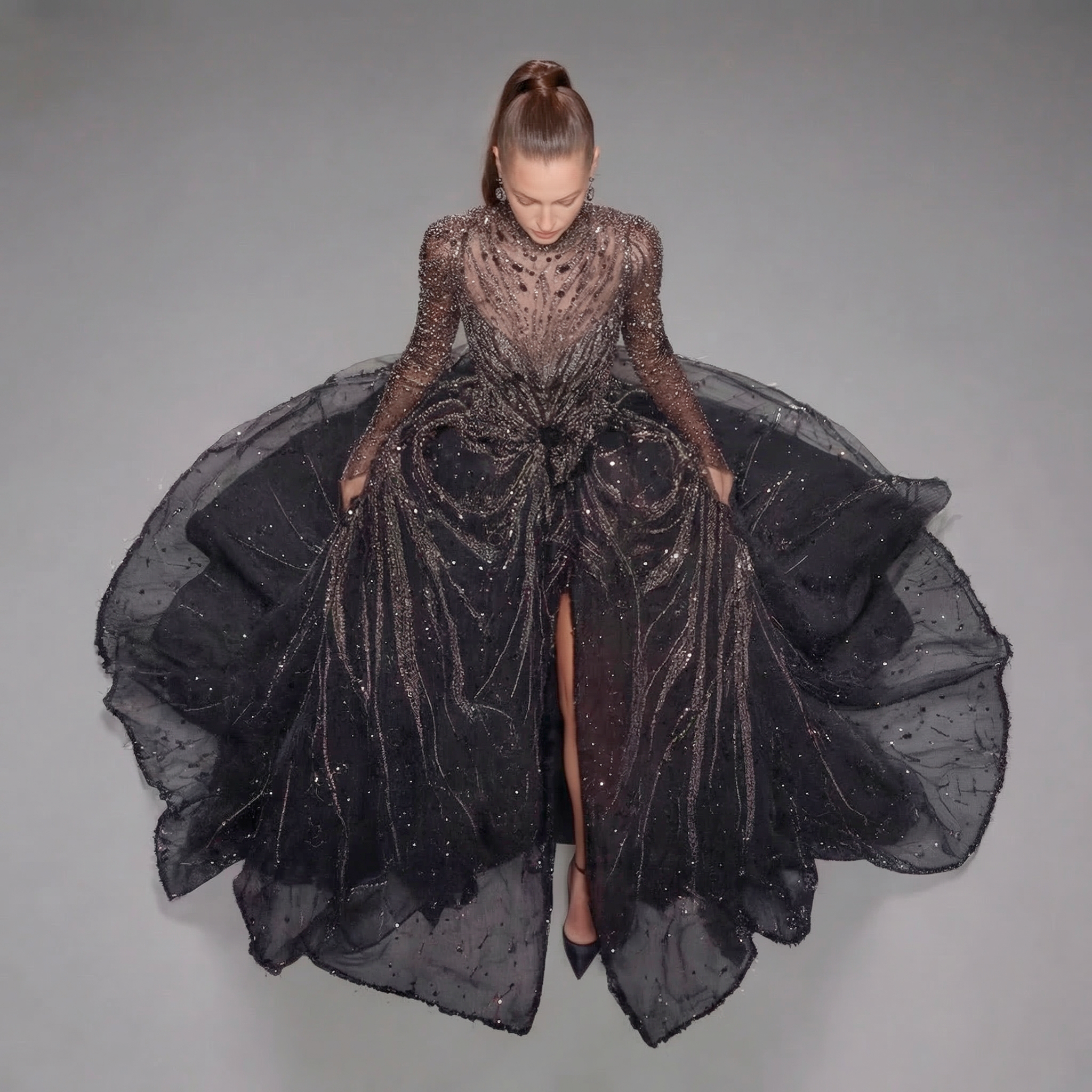 Black Glitter Long Sleeve Ball Gown with High Neck, Sheer Illusion Bodice, High Slit and Cathedral Train