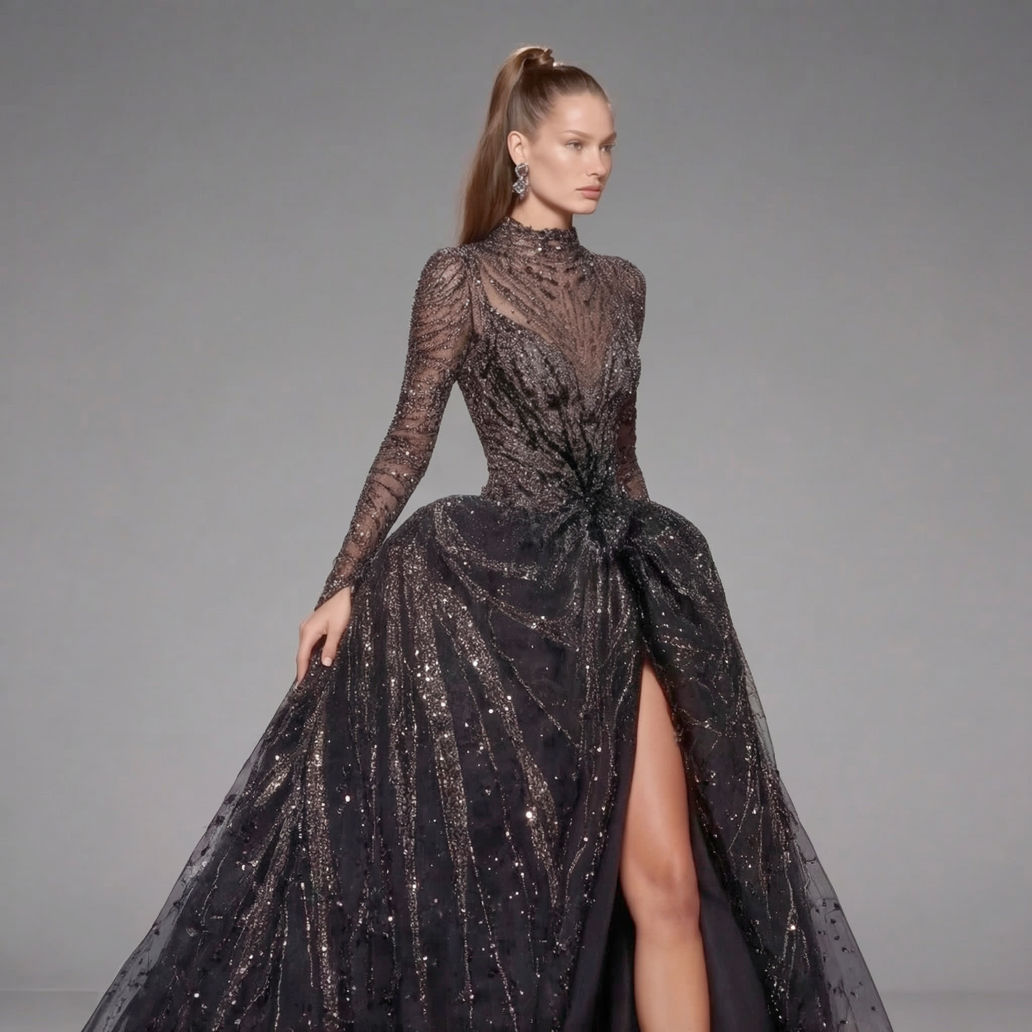Black Glitter Long Sleeve Ball Gown with High Neck, Sheer Illusion Bodice, High Slit and Cathedral Train