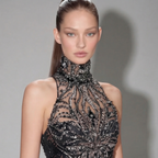 Black Halter Neck Ball Gown with Glitter Tulle, Sculpted Bodice, High Slit and Dramatic Train