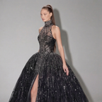 Black Halter Neck Ball Gown with Glitter Tulle, Sculpted Bodice, High Slit and Dramatic Train