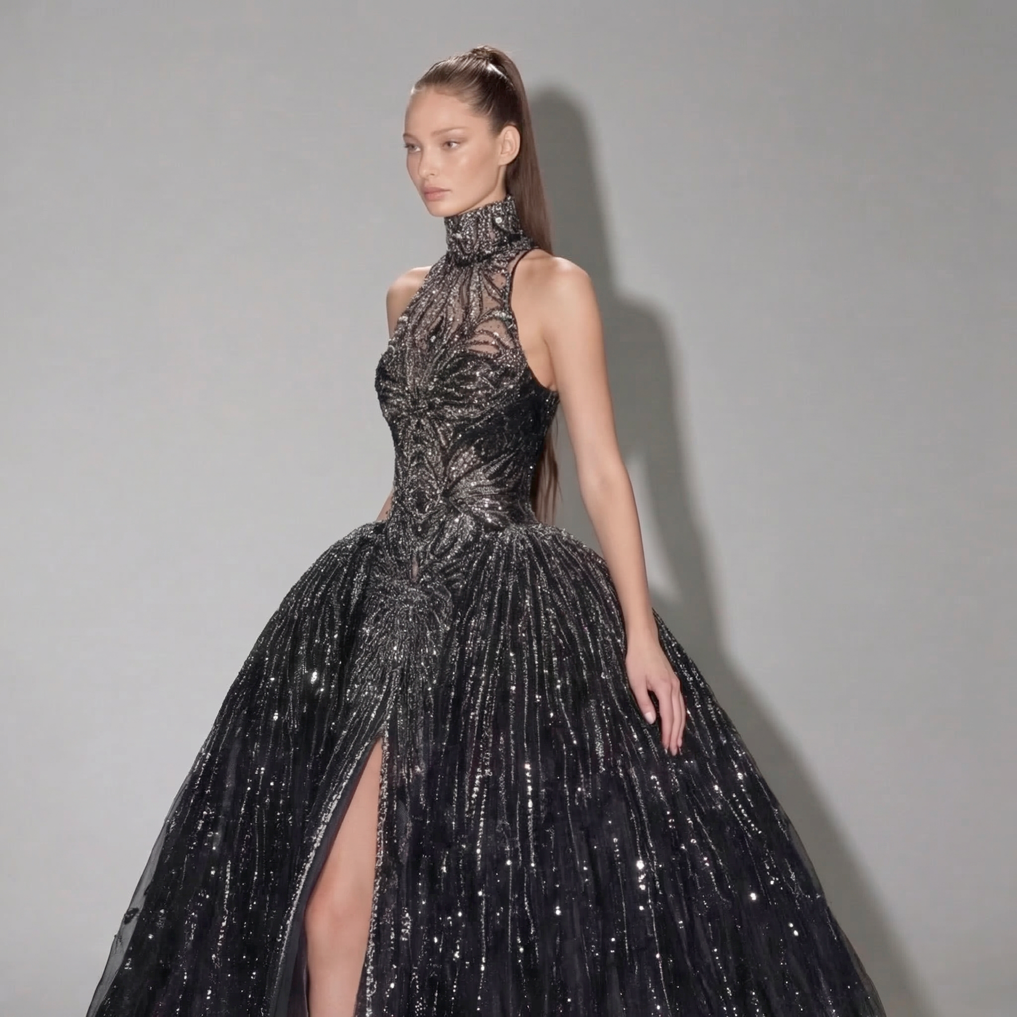 Black Halter Neck Ball Gown with Glitter Tulle, Sculpted Bodice, High Slit and Dramatic Train