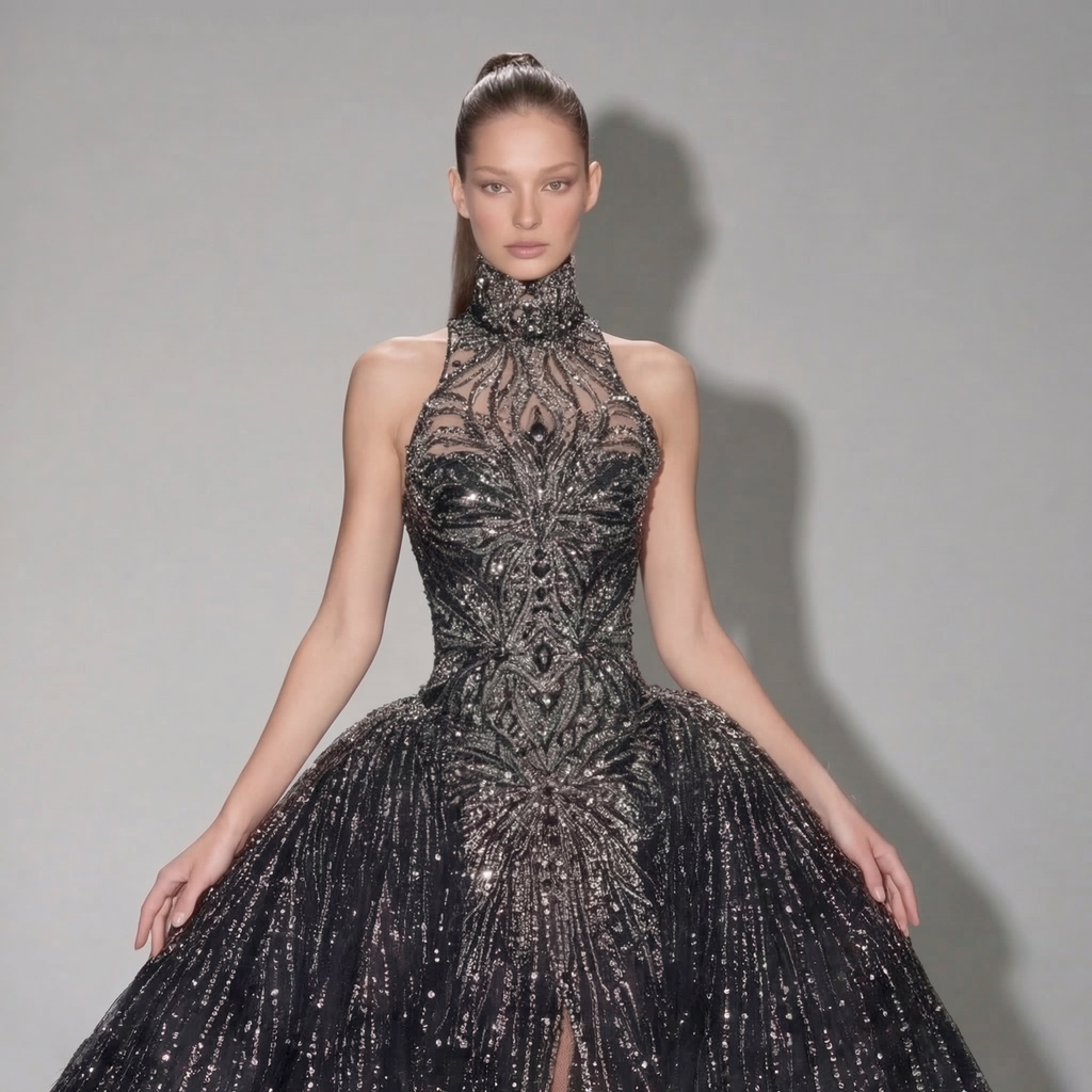 Black Halter Neck Ball Gown with Glitter Tulle, Sculpted Bodice, High Slit and Dramatic Train