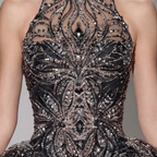 Black Halter Neck Ball Gown with Glitter Tulle, Sculpted Bodice, High Slit and Dramatic Train