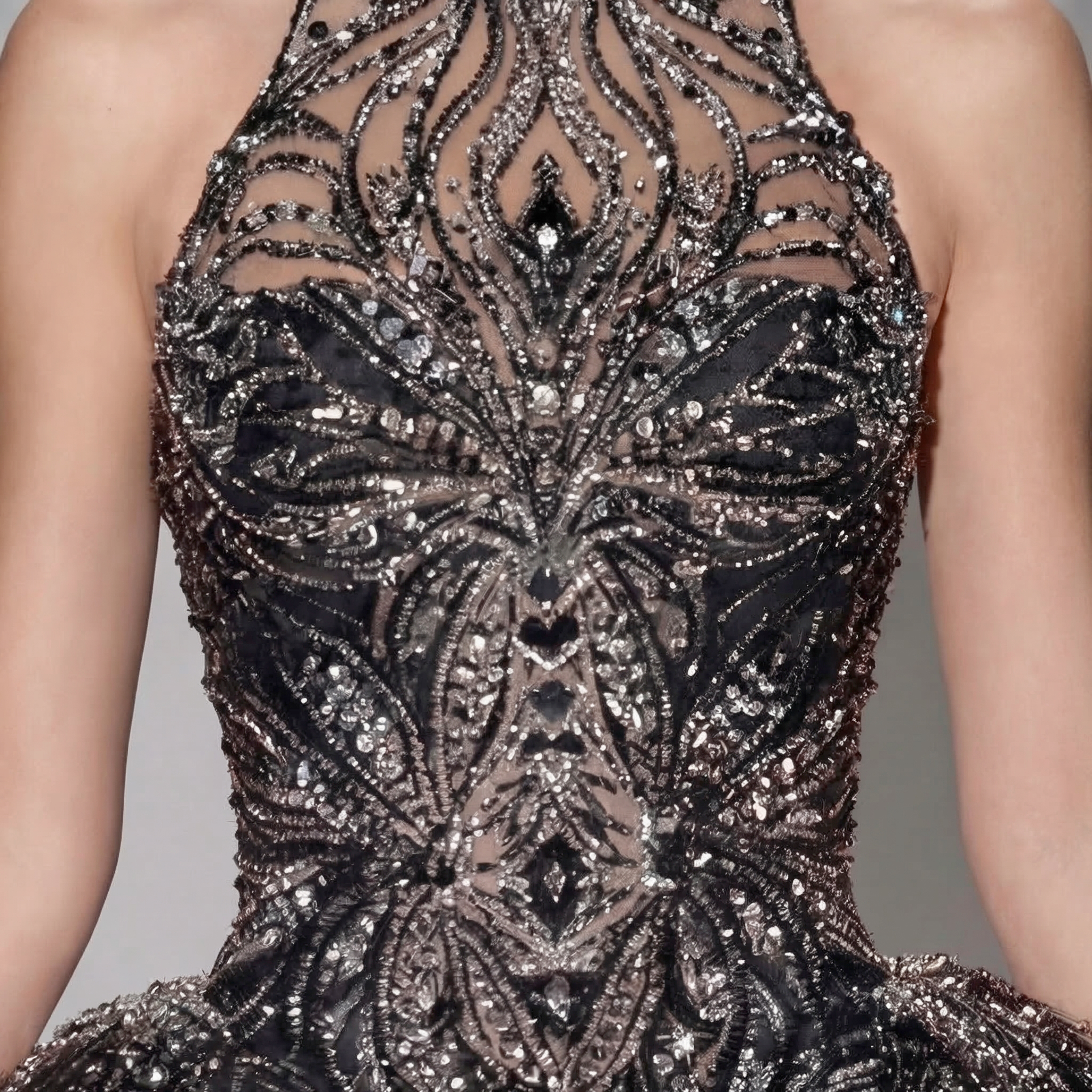 Black Halter Neck Ball Gown with Glitter Tulle, Sculpted Bodice, High Slit and Dramatic Train