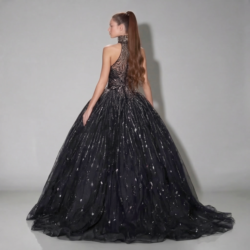 Black Halter Neck Ball Gown with Glitter Tulle, Sculpted Bodice, High Slit and Dramatic Train