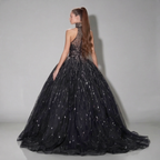 Black Halter Neck Ball Gown with Glitter Tulle, Sculpted Bodice, High Slit and Dramatic Train