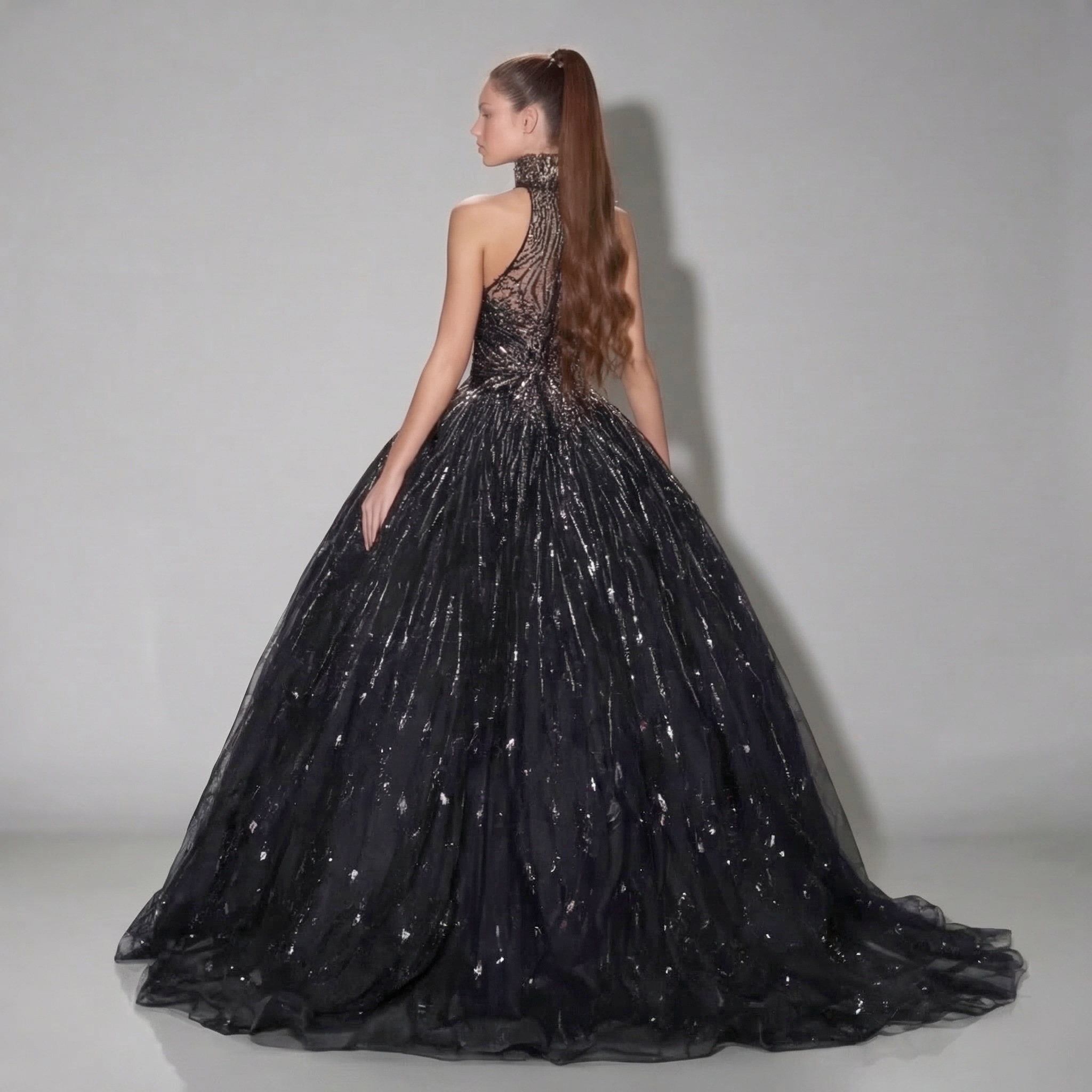 Black Halter Neck Ball Gown with Glitter Tulle, Sculpted Bodice, High Slit and Dramatic Train
