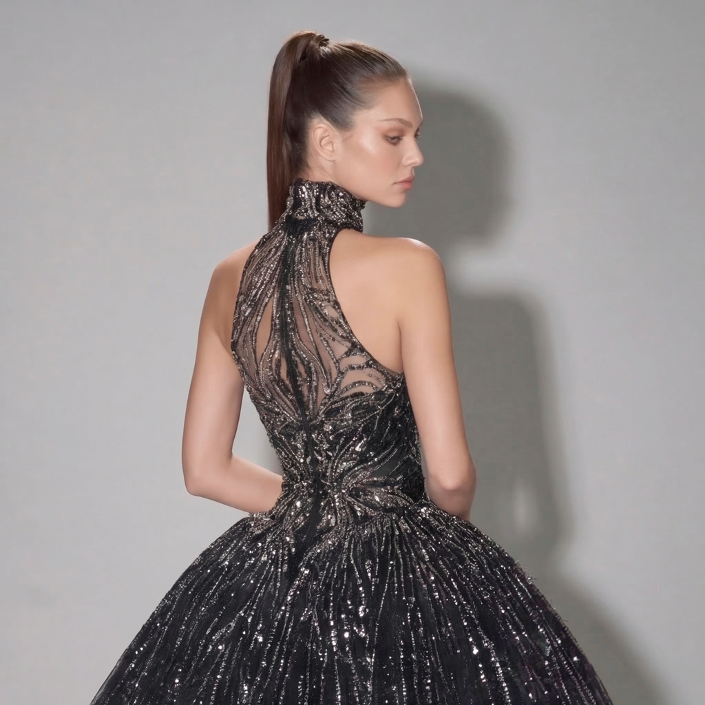 Black Halter Neck Ball Gown with Glitter Tulle, Sculpted Bodice, High Slit and Dramatic Train