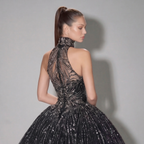 Black Halter Neck Ball Gown with Glitter Tulle, Sculpted Bodice, High Slit and Dramatic Train
