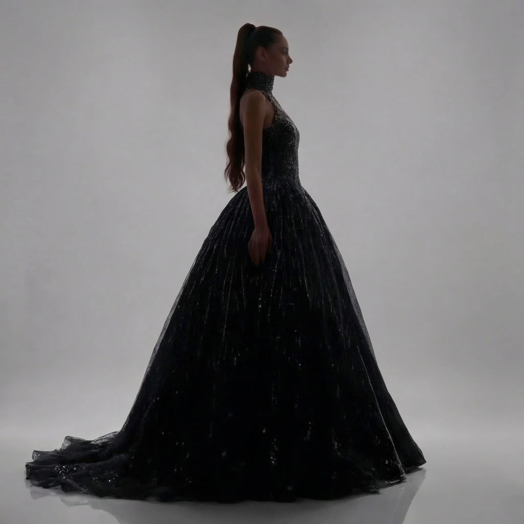 Black Halter Neck Ball Gown with Glitter Tulle, Sculpted Bodice, High Slit and Dramatic Train