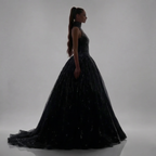 Black Halter Neck Ball Gown with Glitter Tulle, Sculpted Bodice, High Slit and Dramatic Train