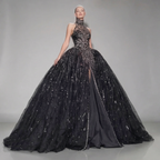 Black Halter Neck Ball Gown with Glitter Tulle, Sculpted Bodice, High Slit and Dramatic Train