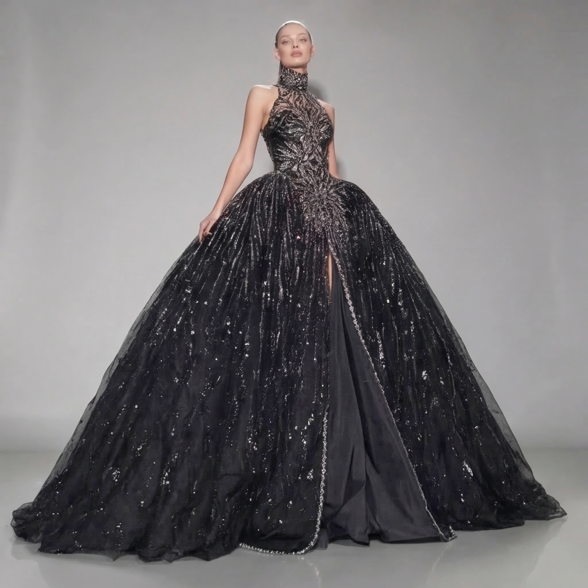 Black Halter Neck Ball Gown with Glitter Tulle, Sculpted Bodice, High Slit and Dramatic Train