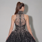 Black Halter Neck Ball Gown with Glitter Tulle, Sculpted Bodice, High Slit and Dramatic Train