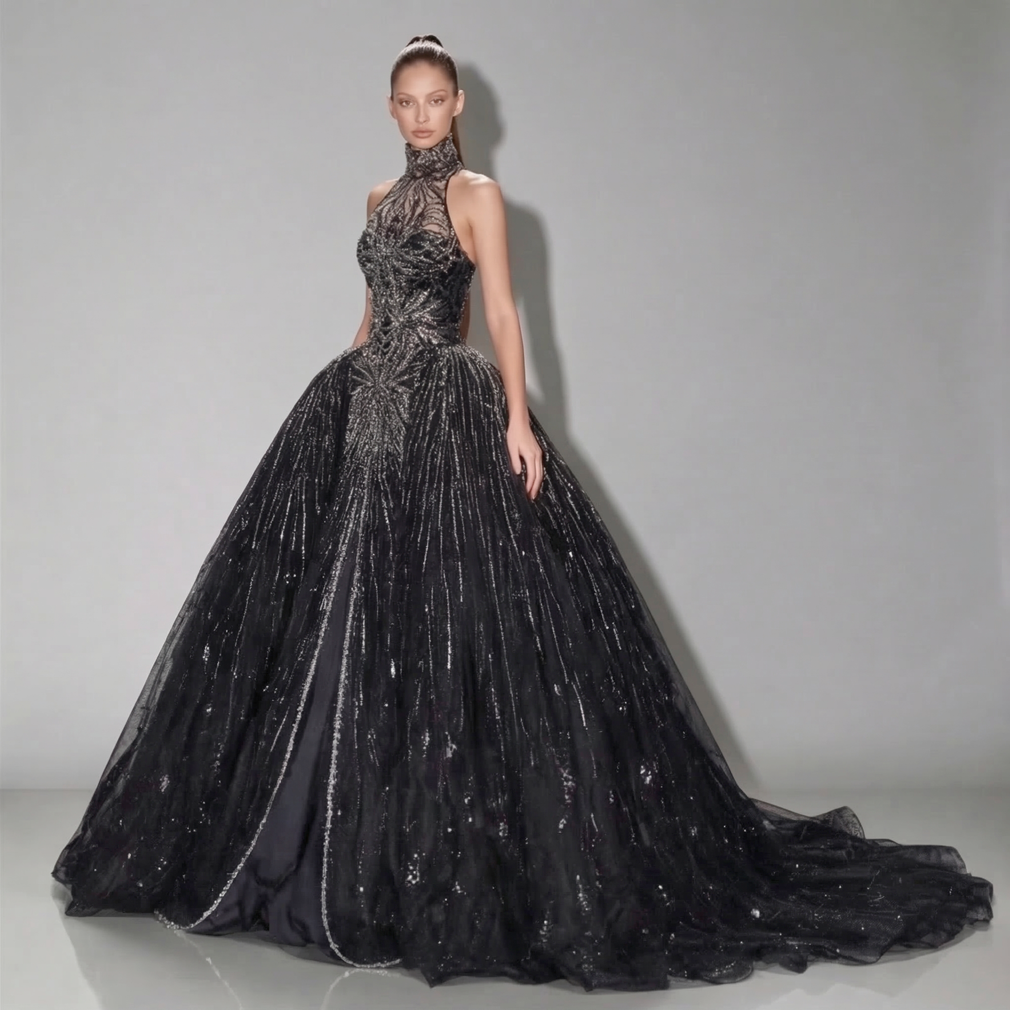 Black Halter Neck Ball Gown with Glitter Tulle, Sculpted Bodice, High Slit and Dramatic Train