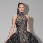 Black Halter Neck Ball Gown with Glitter Tulle, Sculpted Bodice, High Slit and Dramatic Train