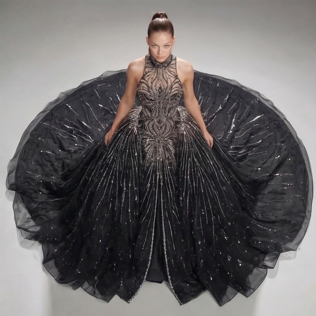 Black Halter Neck Ball Gown with Glitter Tulle, Sculpted Bodice, High Slit and Dramatic Train