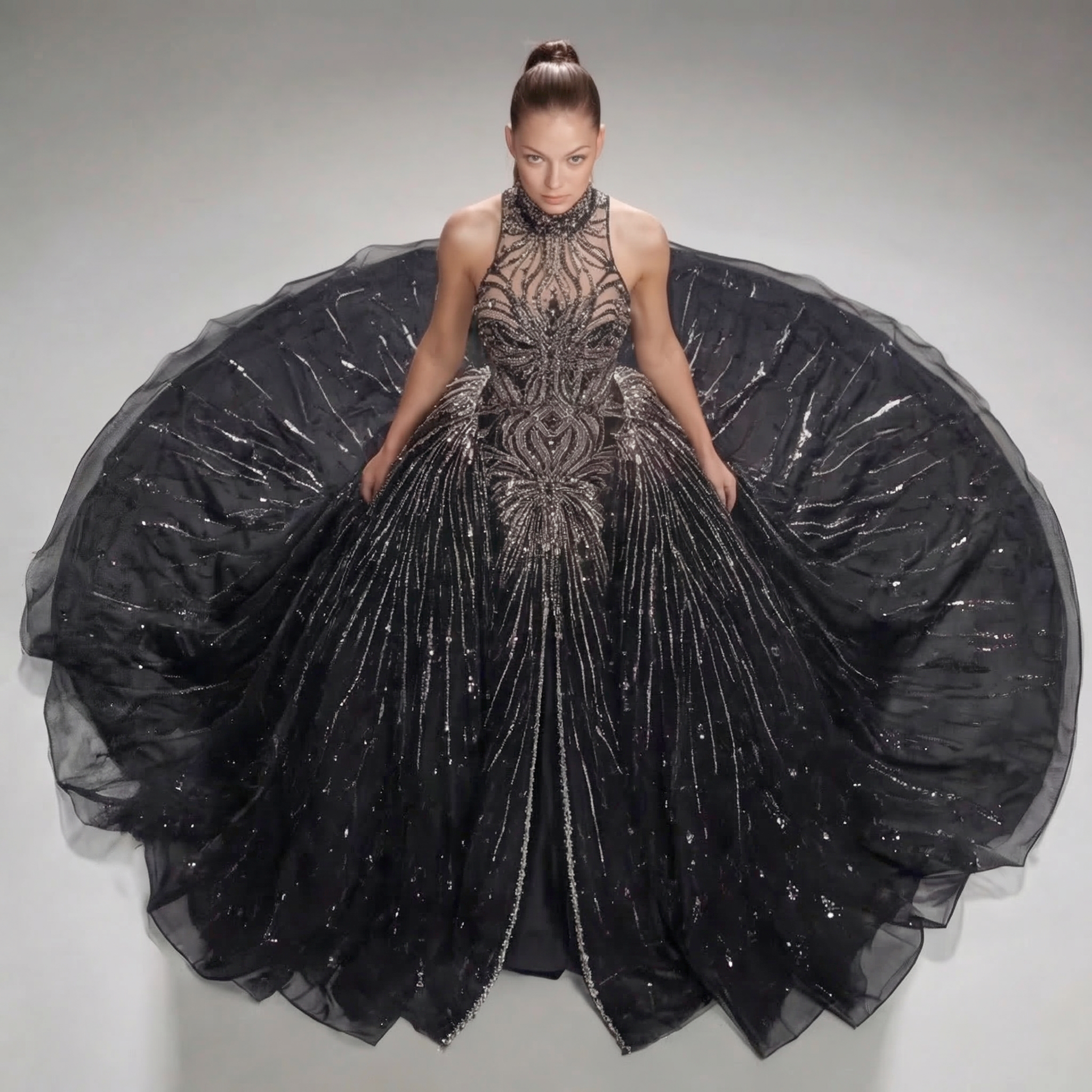 Black Halter Neck Ball Gown with Glitter Tulle, Sculpted Bodice, High Slit and Dramatic Train