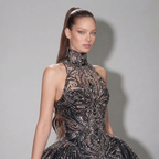 Black Halter Neck Ball Gown with Glitter Tulle, Sculpted Bodice, High Slit and Dramatic Train