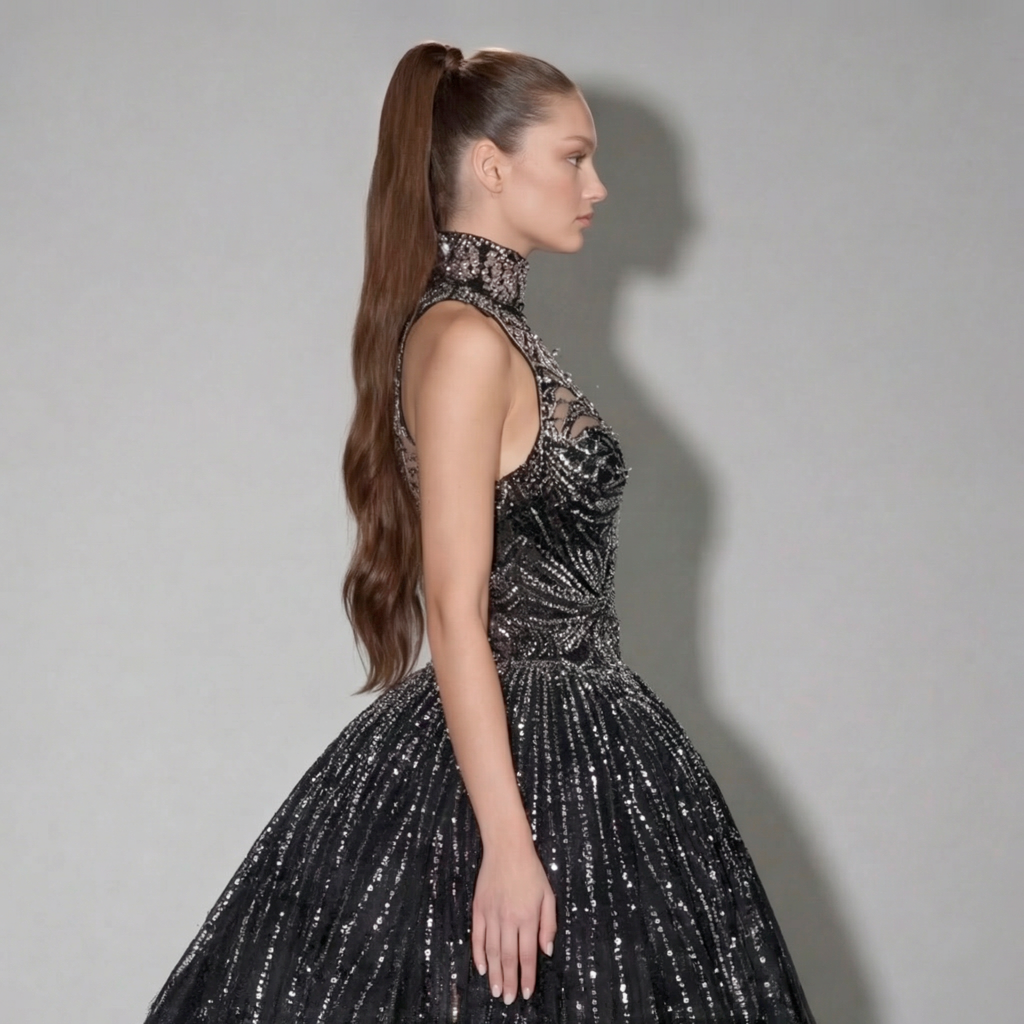 Black Halter Neck Ball Gown with Glitter Tulle, Sculpted Bodice, High Slit and Dramatic Train