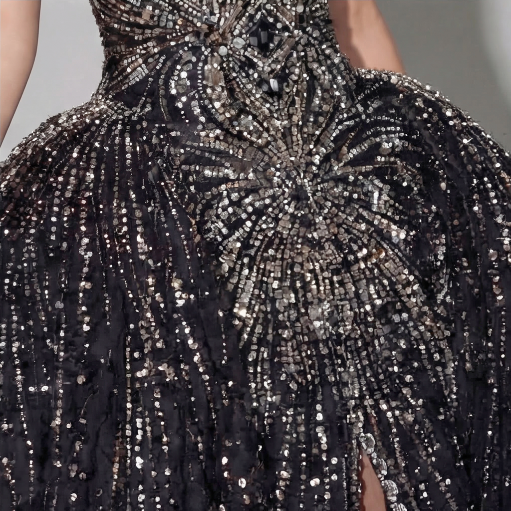 Black Halter Neck Ball Gown with Glitter Tulle, Sculpted Bodice, High Slit and Dramatic Train