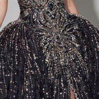 Black Halter Neck Ball Gown with Glitter Tulle, Sculpted Bodice, High Slit and Dramatic Train