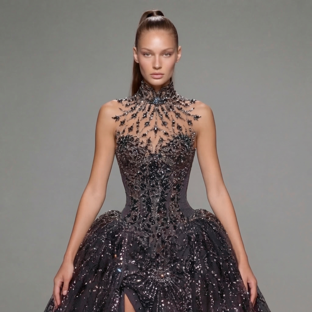 Black High Neck Glitter Ball Gown with Sheer Illusion Bodice, Starburst Embellishments, High Slit and Long Train