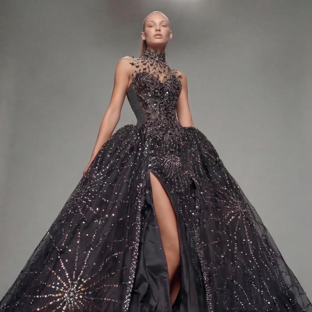 Black High Neck Glitter Ball Gown with Sheer Illusion Bodice, Starburst Embellishments, High Slit and Long Train