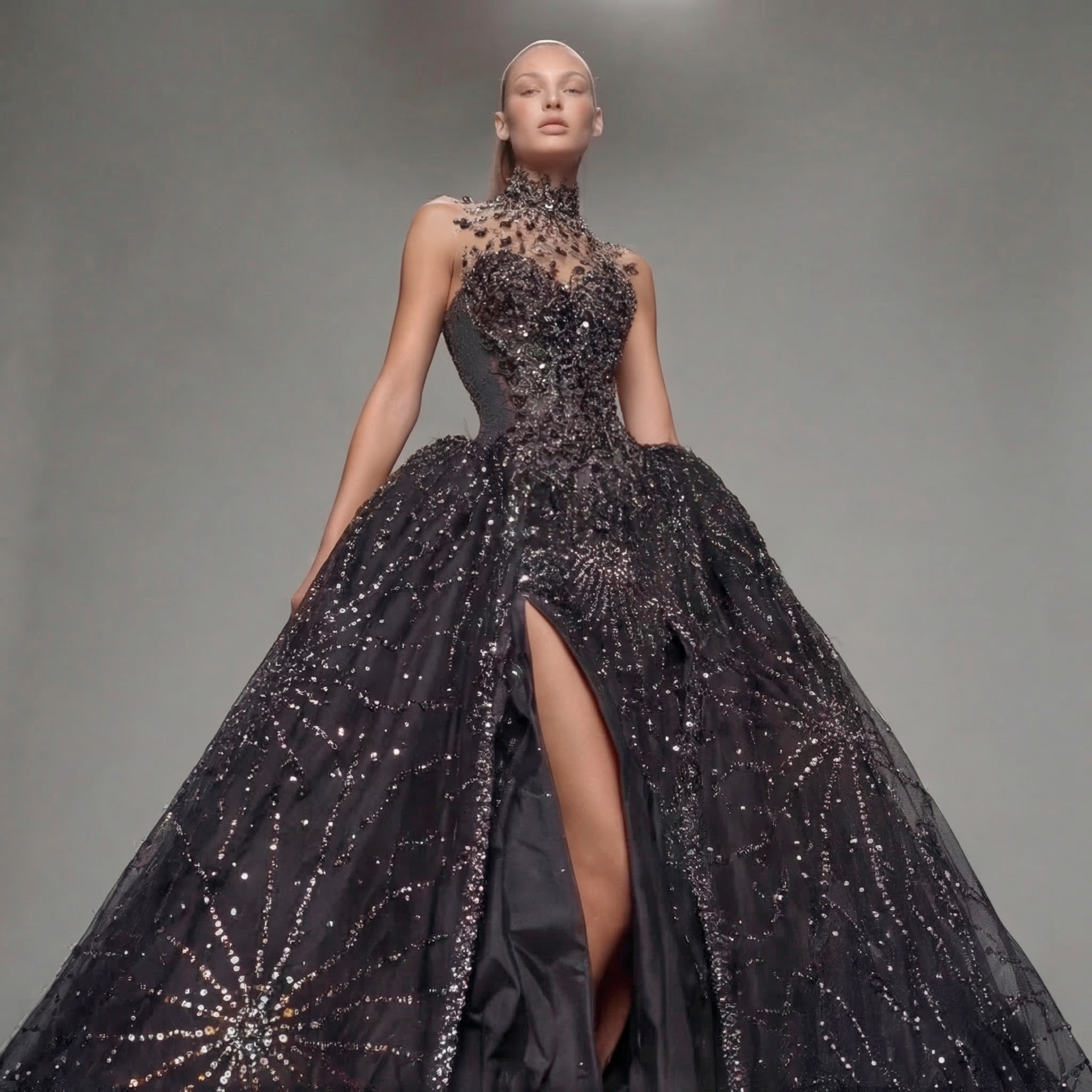 Black High Neck Glitter Ball Gown with Sheer Illusion Bodice, Starburst Embellishments, High Slit and Long Train