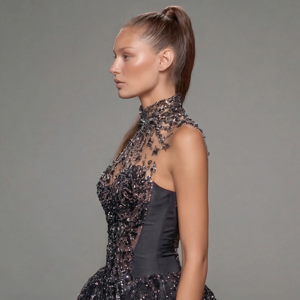 Black High Neck Glitter Ball Gown with Sheer Illusion Bodice, Starburst Embellishments, High Slit and Long Train