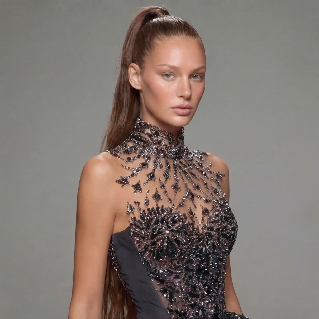 Black High Neck Glitter Ball Gown with Sheer Illusion Bodice, Starburst Embellishments, High Slit and Long Train