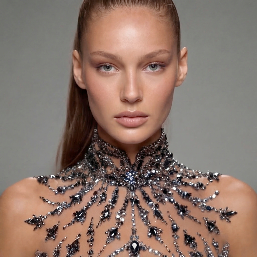 Black High Neck Glitter Ball Gown with Sheer Illusion Bodice, Starburst Embellishments, High Slit and Long Train