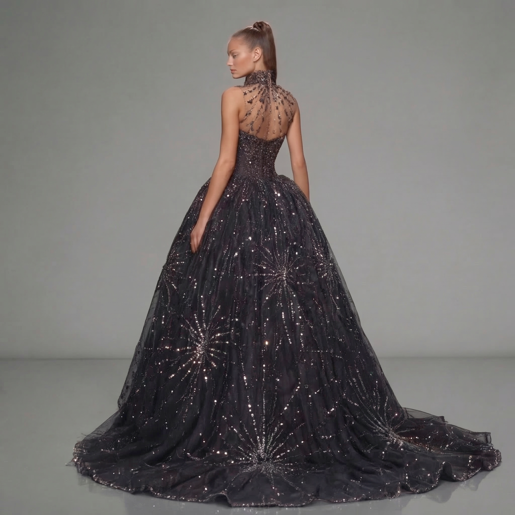 Black High Neck Glitter Ball Gown with Sheer Illusion Bodice, Starburst Embellishments, High Slit and Long Train