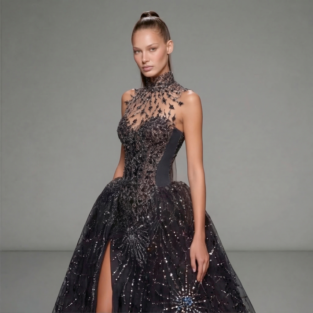Black High Neck Glitter Ball Gown with Sheer Illusion Bodice, Starburst Embellishments, High Slit and Long Train