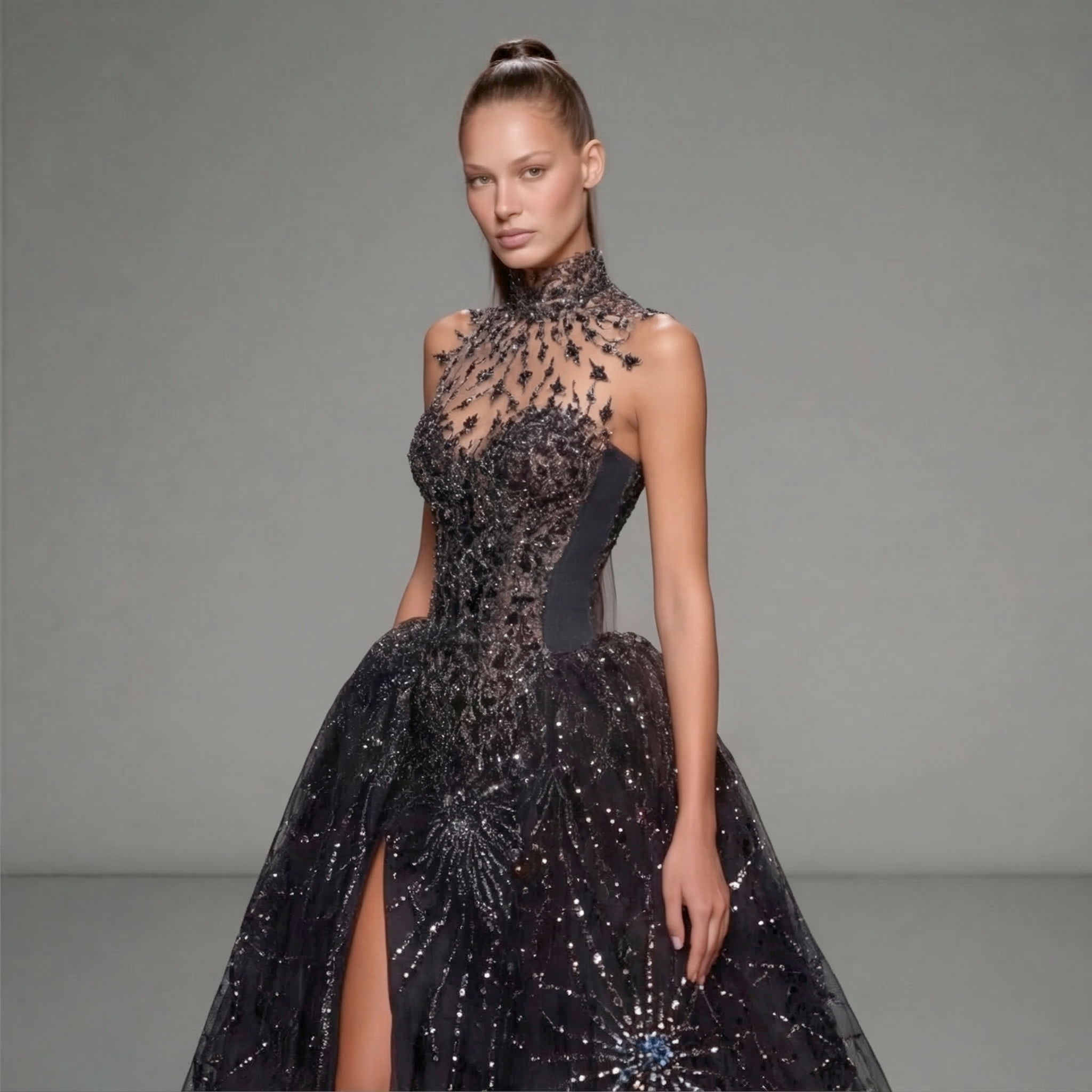 Black High Neck Glitter Ball Gown with Sheer Illusion Bodice, Starburst Embellishments, High Slit and Long Train