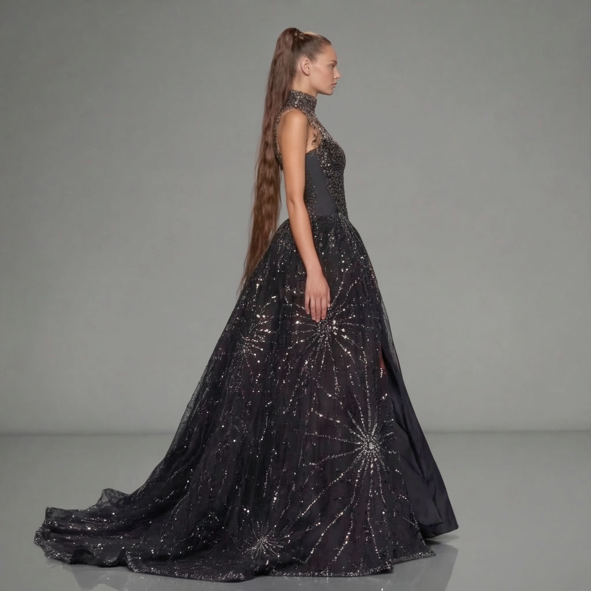 Black High Neck Glitter Ball Gown with Sheer Illusion Bodice, Starburst Embellishments, High Slit and Long Train