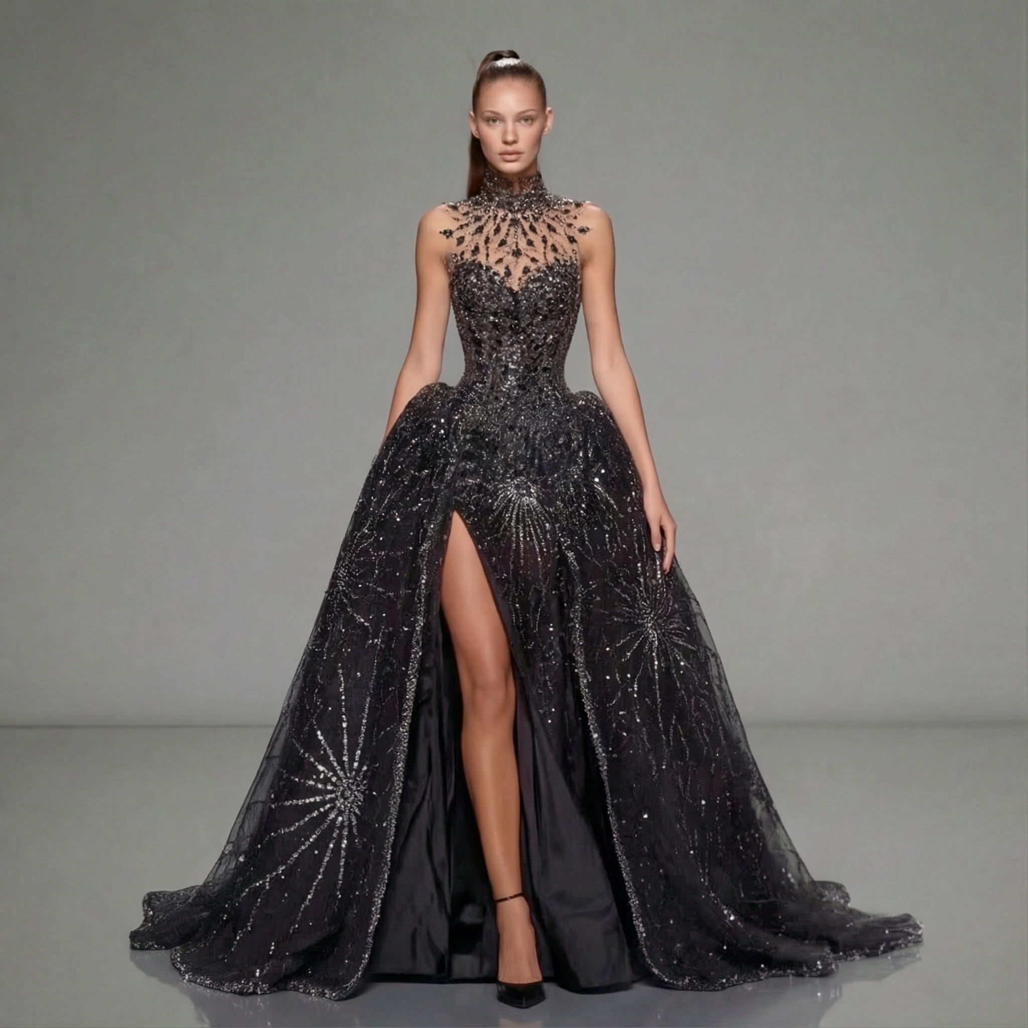 Black High Neck Glitter Ball Gown with Sheer Illusion Bodice, Starburst Embellishments, High Slit and Long Train