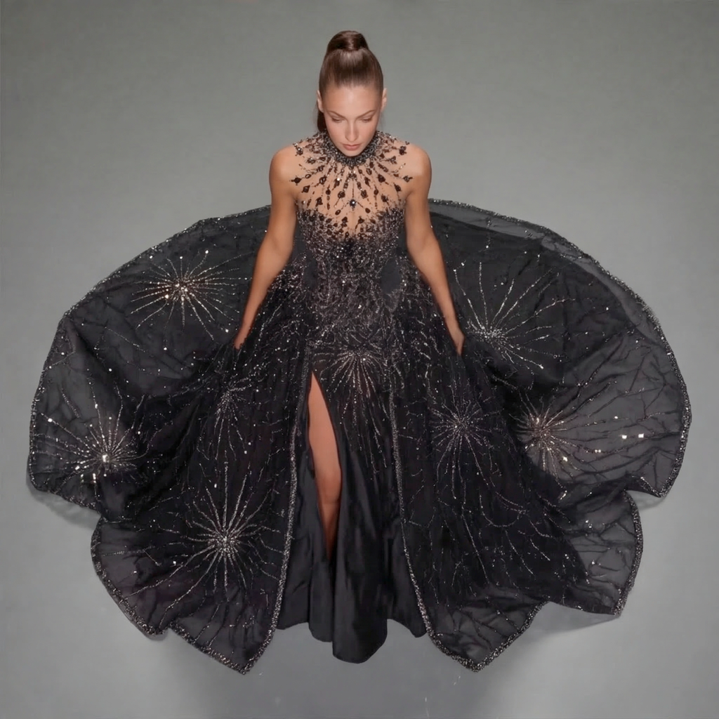 Black High Neck Glitter Ball Gown with Sheer Illusion Bodice, Starburst Embellishments, High Slit and Long Train