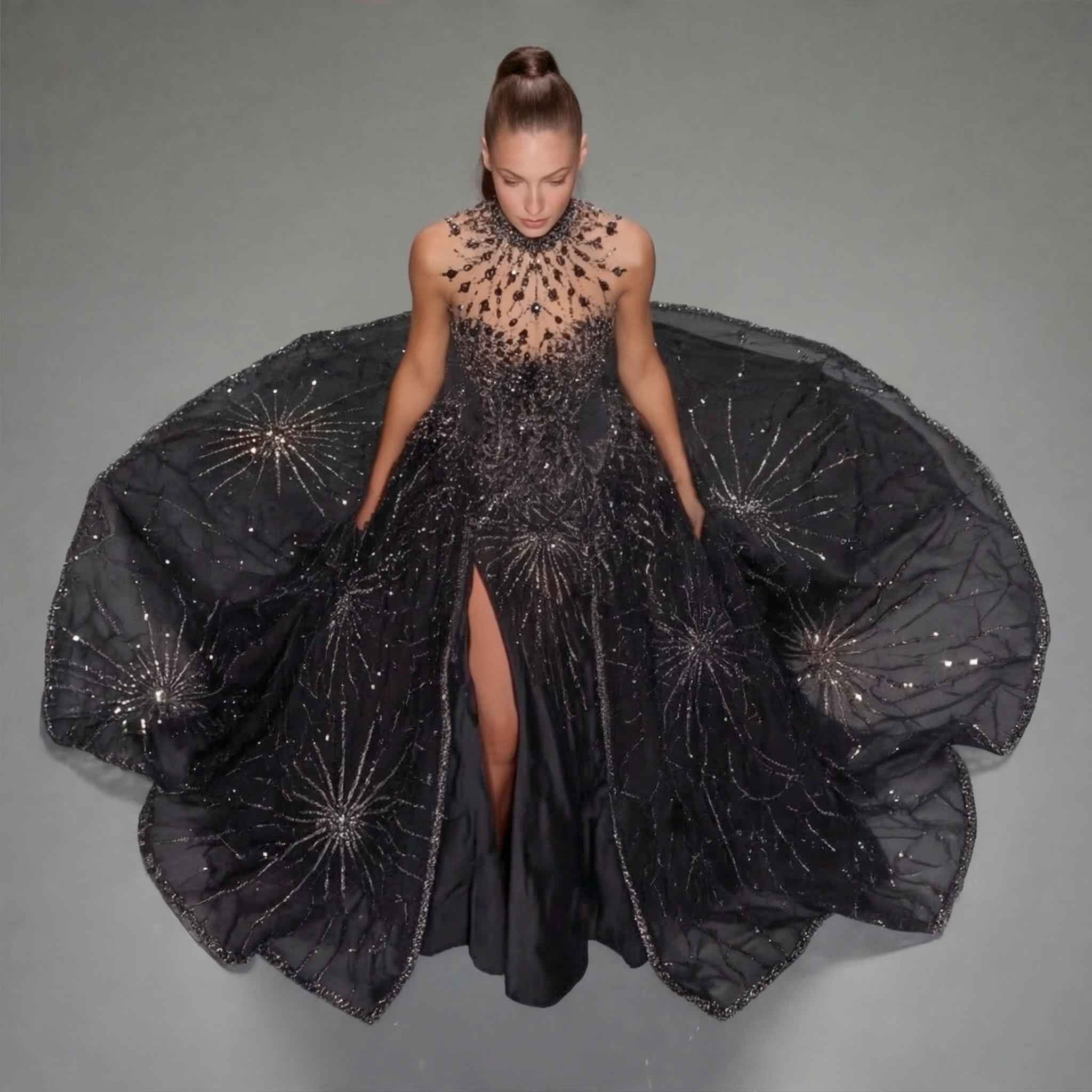 Black High Neck Glitter Ball Gown with Sheer Illusion Bodice, Starburst Embellishments, High Slit and Long Train