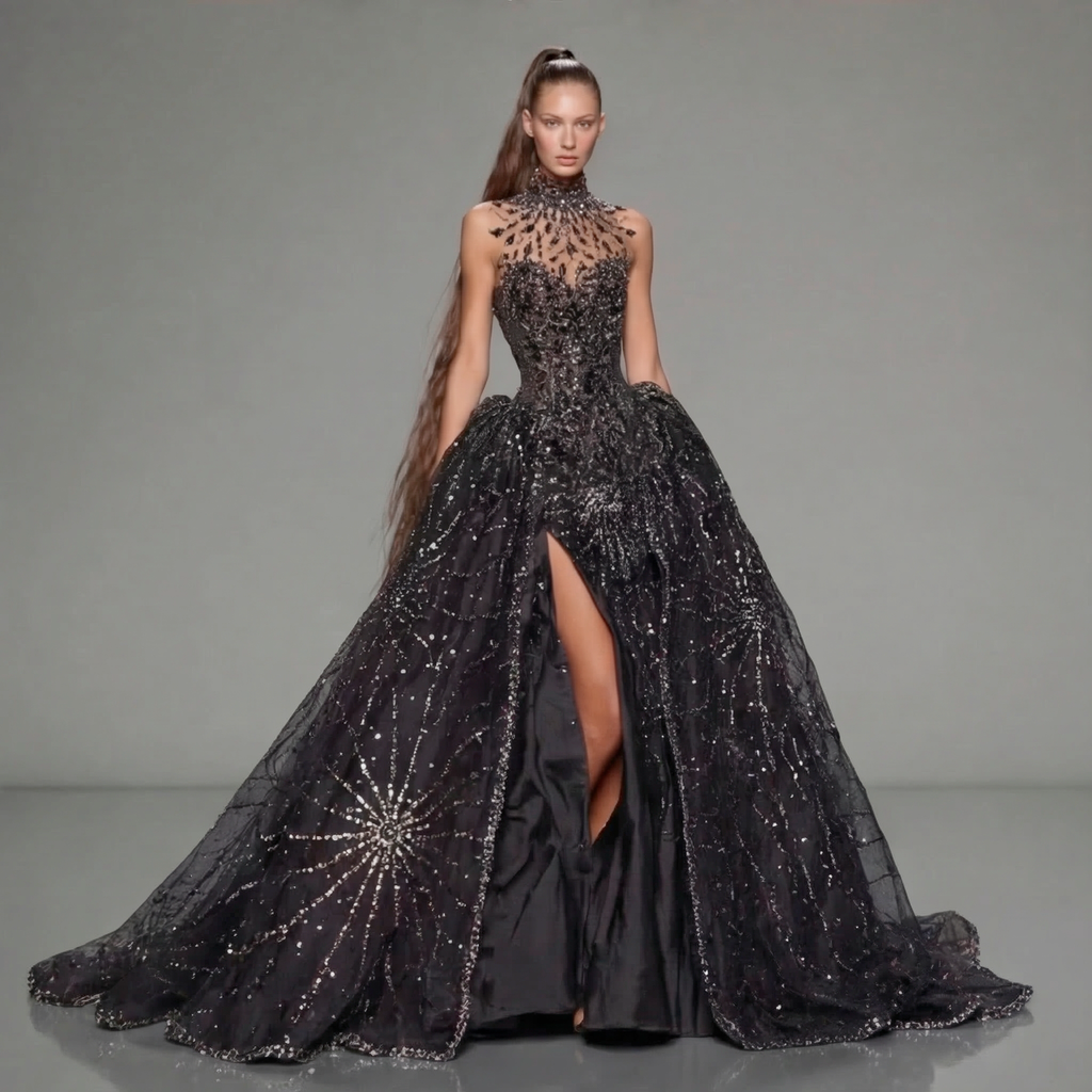 Black High Neck Glitter Ball Gown with Sheer Illusion Bodice, Starburst Embellishments, High Slit and Long Train