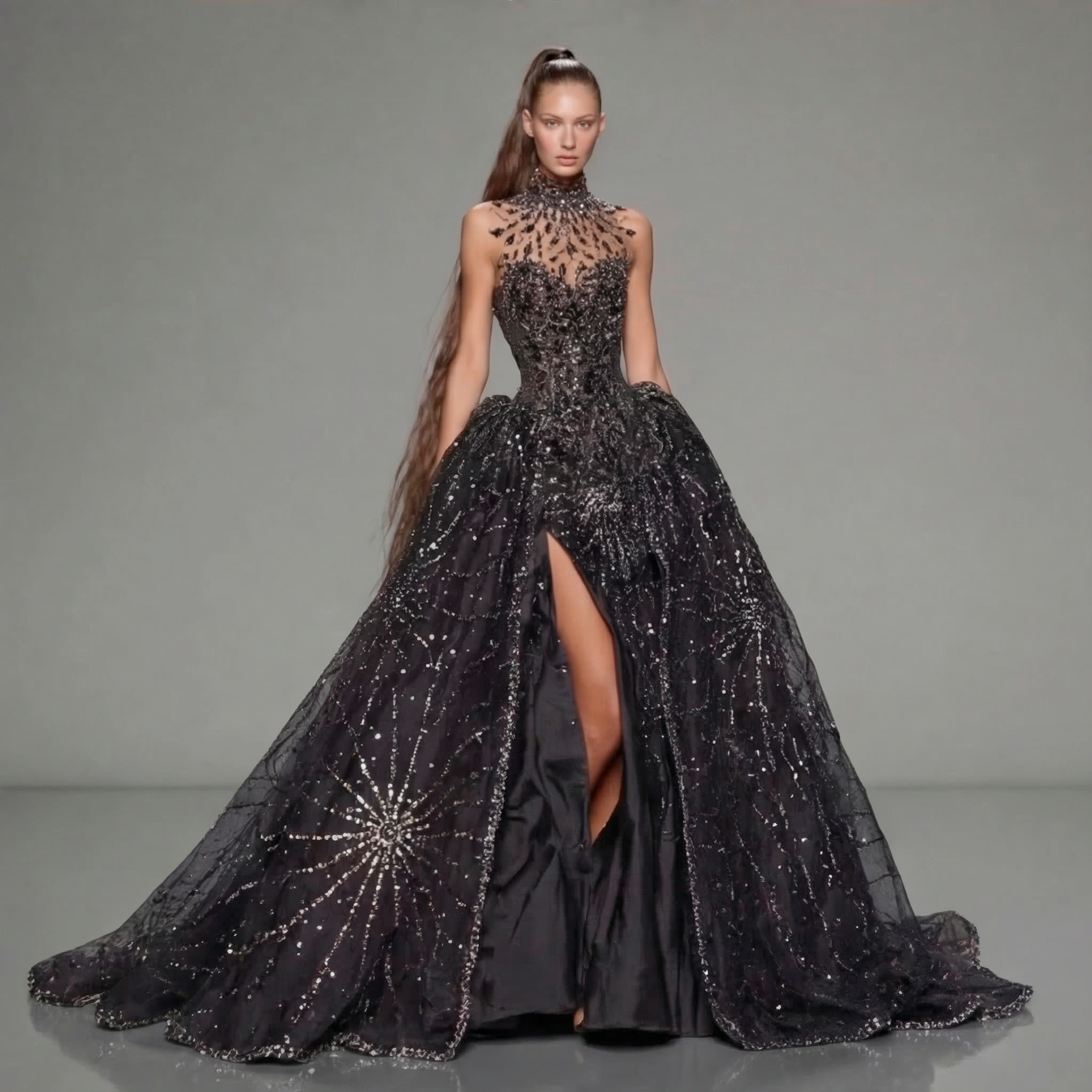 Black High Neck Glitter Ball Gown with Sheer Illusion Bodice, Starburst Embellishments, High Slit and Long Train