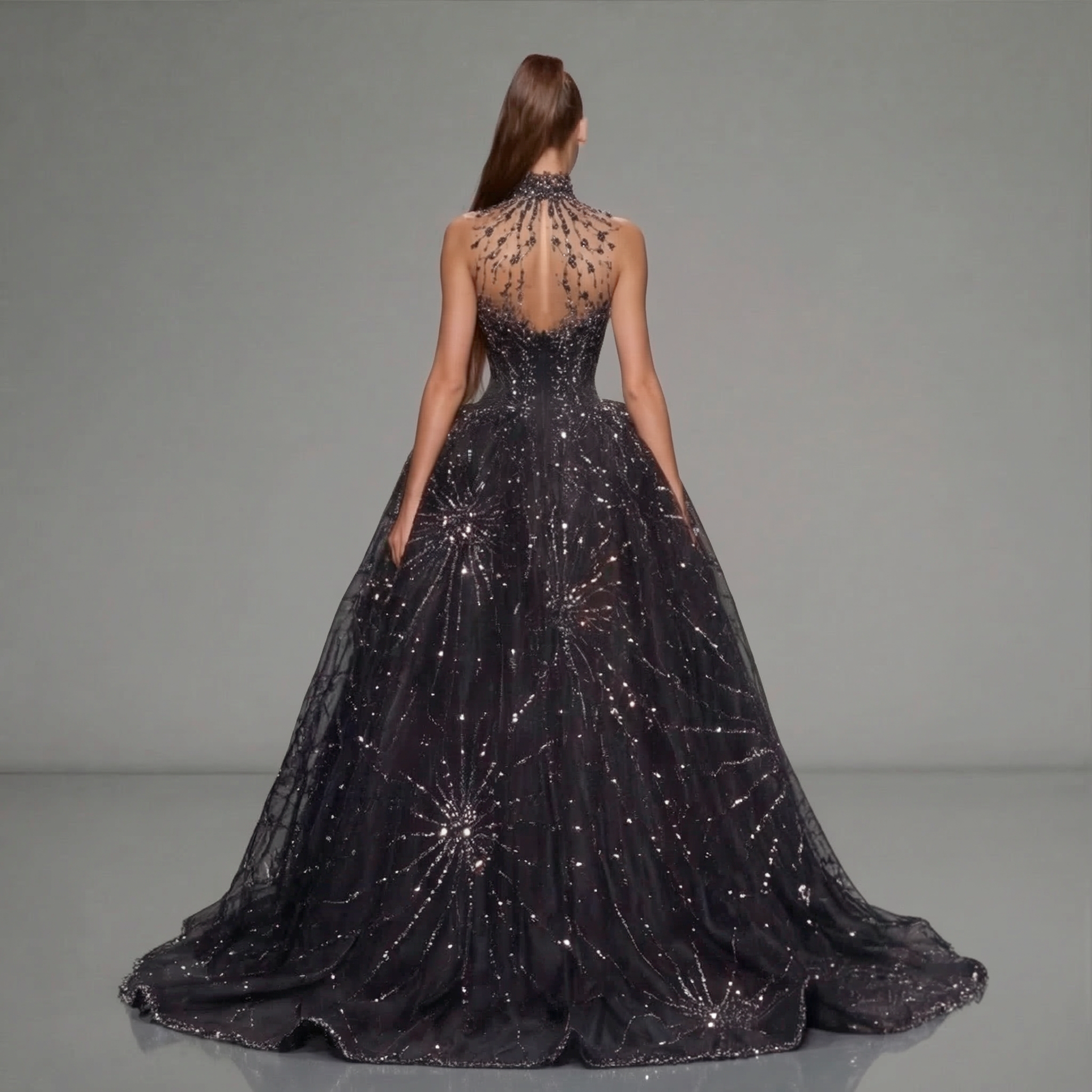 Black High Neck Glitter Ball Gown with Sheer Illusion Bodice, Starburst Embellishments, High Slit and Long Train